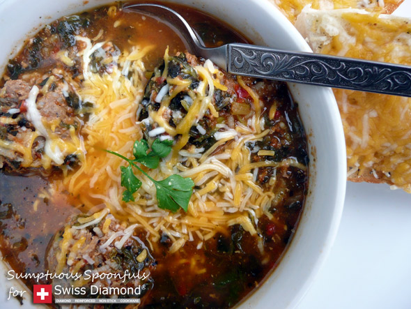 Spicy Spinach & Porcupine Meatball Soup ~ Sumptuous Spoonfuls #meatball #soup #recipe 