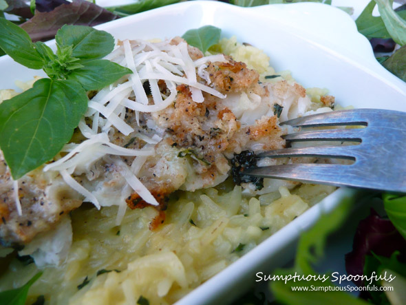 Basil Asiago Baked Walleye with Risotto & Pomegranate Almond Mixed Salad ~ Sumptuous Spoonfuls #fish #recipe