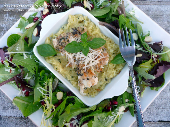 Basil Asiago Baked Walleye with Risotto & Pomegranate Almond Mixed Salad ~ Sumptuous Spoonfuls #fish #recipe