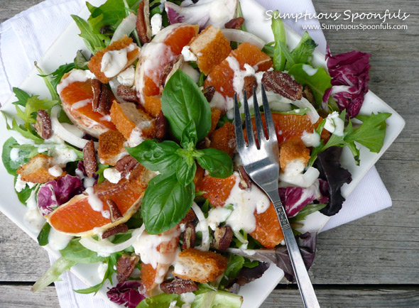 Cara Cara Orange Chicken Goat Cheese Salad with Butter Rum Sweet Spiced Pecans