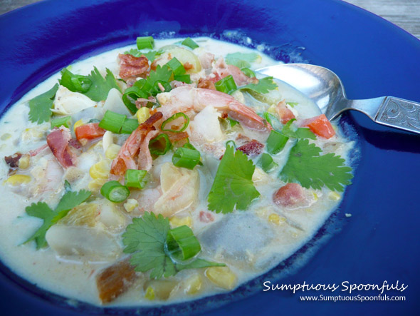 Shrimp, Fish & Corn Chowder with Bacon from Sumptuous Spoonfuls #seafood #chowder #recipe