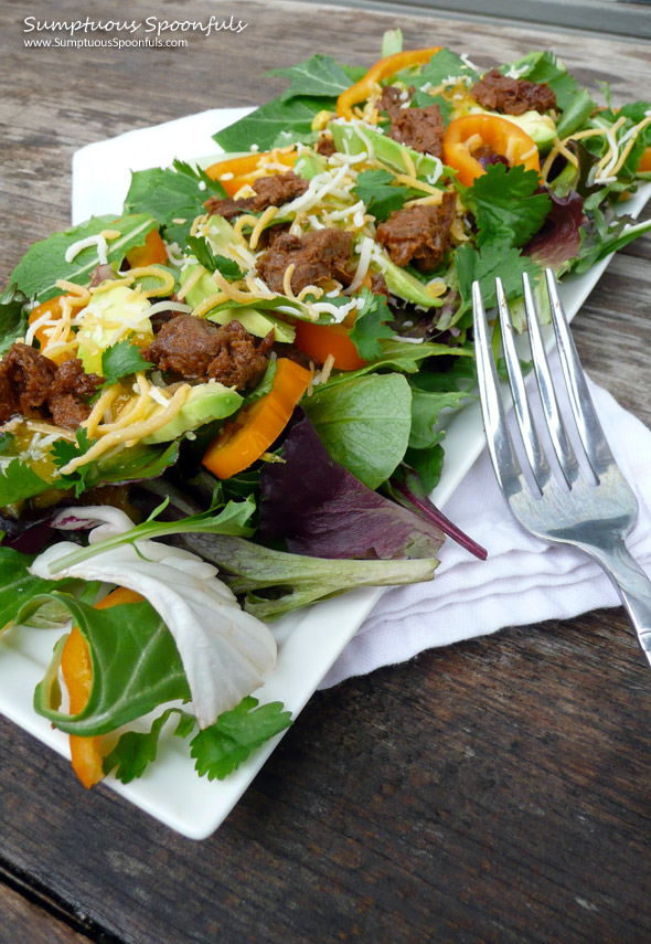 BBQ Beef Avocado Sweet Pepper Salad with Cilantro Marmalade Vinaigrette ~ Sumptuous Spoonfuls #beef #salad #recipe