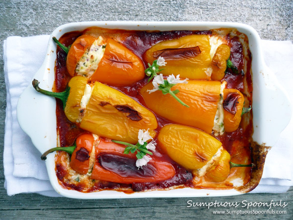 Basil Goat Cheese Stuffed Sweet Peppers ~ from Sumptuous Spoonfuls #stuffed #peppers #recipe