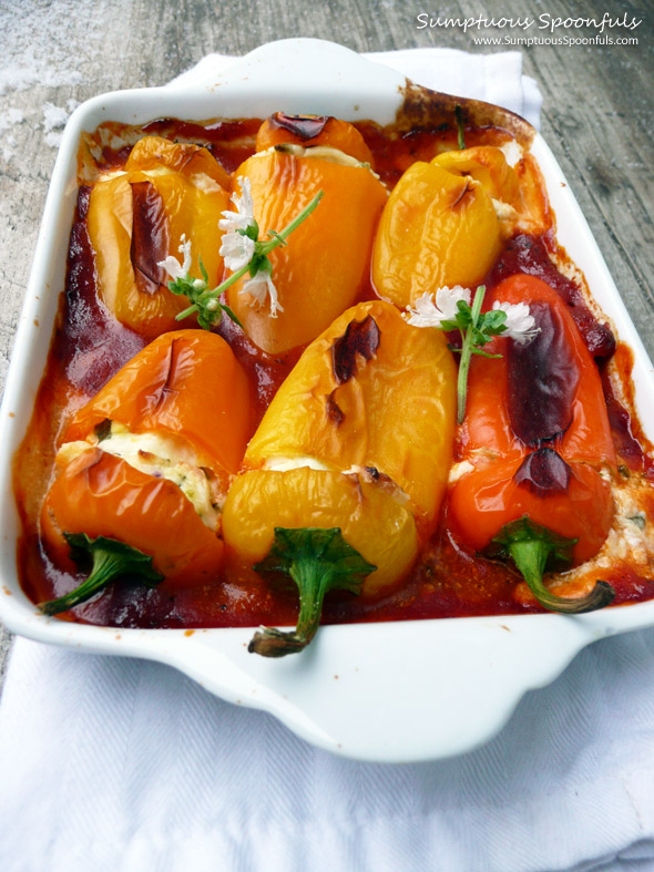 Basil Goat Cheese Stuffed Sweet Peppers ~ from Sumptuous Spoonfuls #stuffed #peppers #recipe