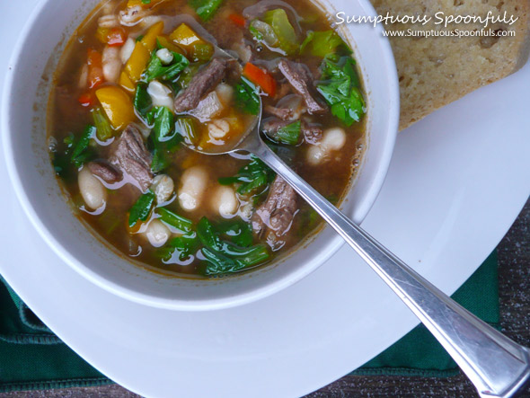 Beef, Bean, Barley, & Sweet Pepper Soup ~ Sumptuous Spoonfuls #beef  #soup #recipe
