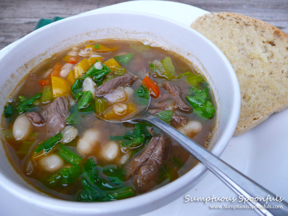 Beef, Bean, Barley, & Sweet Pepper Soup ~ Sumptuous Spoonfuls #beef  #soup #recipe