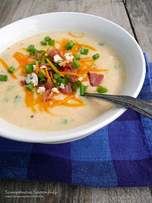 Cheddar Blue Cheese Baked Potato Soup with Bacon