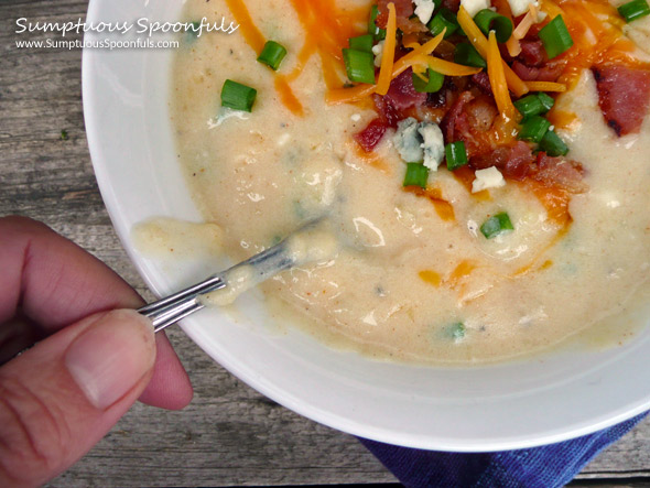 Cheddar Blue Cheese Baked Potato Soup ~ Sumptuous Spoonfuls #potato #soup #recipe