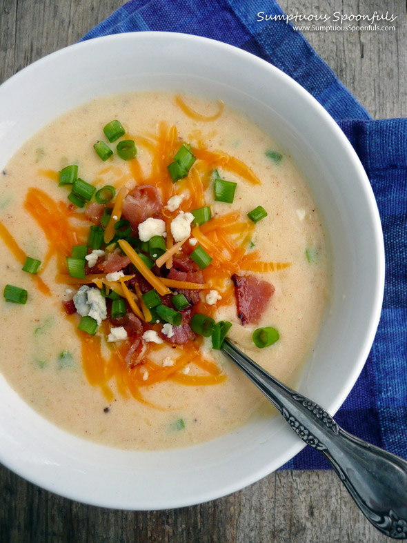 Cheddar Blue Cheese Baked Potato Soup ~ Sumptuous Spoonfuls #potato #soup #recipe