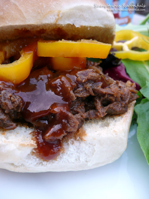 Outa the Park Crockpot Shredded BBQ Beef Sandwiches ~ from Sumptuous Spoonfuls #BBQ #Beef #Recipe