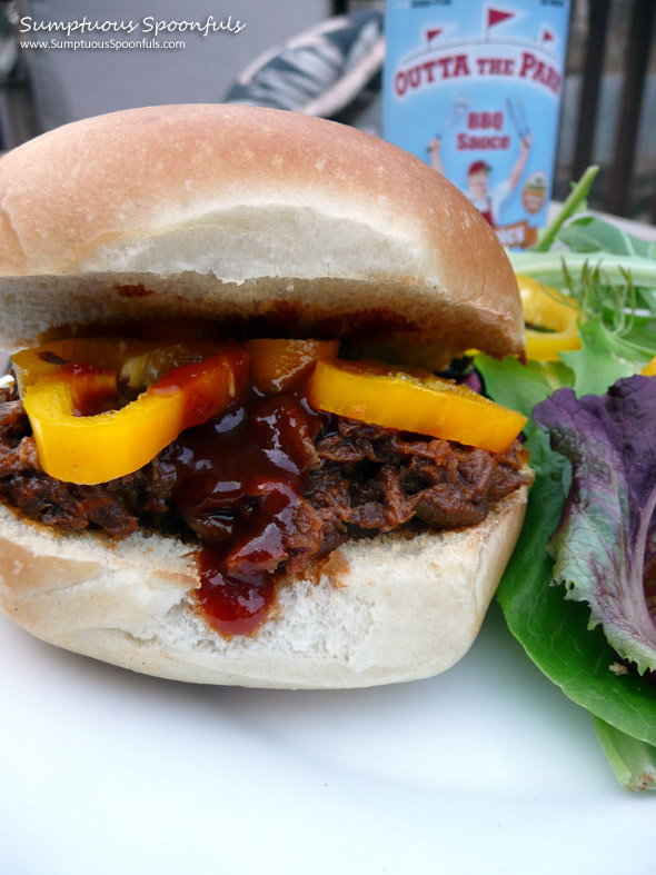 Outa the Park Crockpot Shredded BBQ Beef Sandwiches ~ from Sumptuous Spoonfuls #BBQ #Beef #Recipe