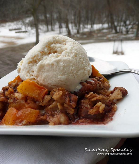 Strawberry Peach Pecan Baked Oatmeal Crumble ~ Sumptuous Spoonfuls #baked #peach #oatmeal #recipe