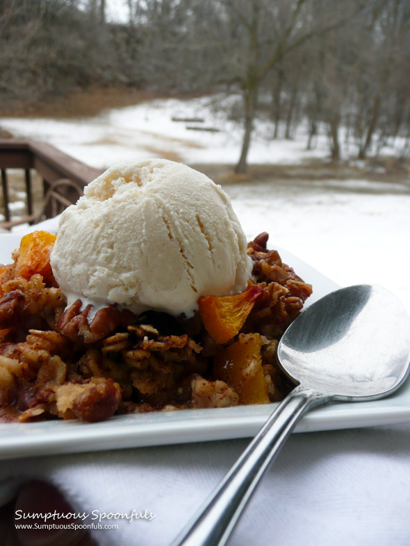 Strawberry Peach Pecan Baked Oatmeal Crumble ~ Sumptuous Spoonfuls #baked #peach #oatmeal #recipe