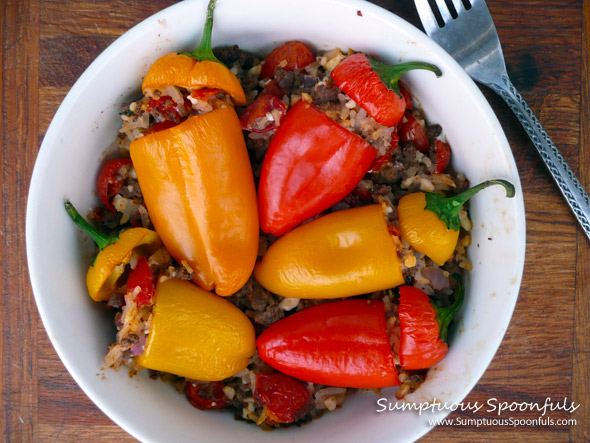 Feta Beef n Rice Stuffed Mini Peppers ~ Sumptuous Spoonfuls #stuffed #pepper #recipe