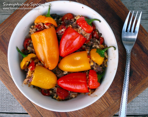 Feta Beef n Rice Stuffed Mini Peppers ~ Sumptuous Spoonfuls #stuffed #pepper #recipe