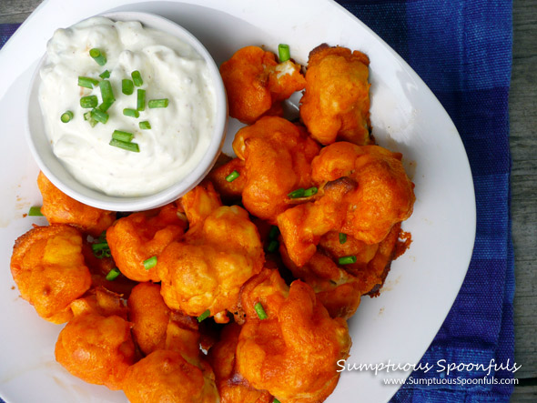 Buffalo Cauliflower "Wings" with Blue Cheese Yogurt Dip ~ Sumptuous Spoonfuls #buffalo #cauliflower #recipe