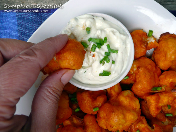 Buffalo Cauliflower "Wings" with Blue Cheese Yogurt Dip ~ Sumptuous Spoonfuls #buffalo #cauliflower #recipe