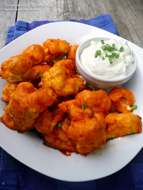 Buffalo Cauliflower "Wings" with Blue Cheese Yogurt Dip ~ Sumptuous Spoonfuls #buffalo #cauliflower #recipe