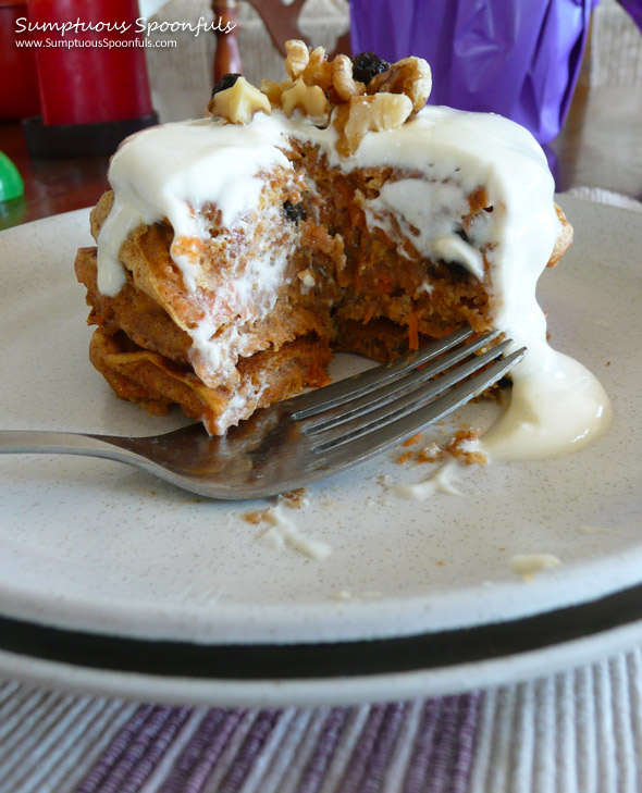 Carrot Cake Pancakes with Cream Cheese Drizzle ~ Sumptuous Spoonfuls #pancake #recipe