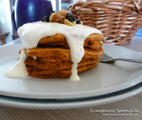 Carrot Cake Pancakes with Cream Cheese Drizzle ~ Sumptuous Spoonfuls #pancake #recipe