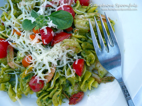 Cilantro Almond Pesto Shrimp Pasta with Tomato & Asiago ~ Sumptuous Spoonfuls #quick #pasta #recipe