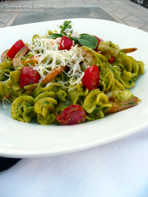 Cilantro Almond Pesto Shrimp Pasta with Tomato & Asiago ~ Sumptuous Spoonfuls #quick #pasta #recipe