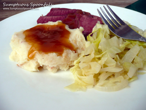 Irish Ale Corned Beef & Butter Braised Cabbage with Bacon Buttermilk Mashed Potatoes & Gravy ~ Sumptuous Spoonfuls #corned #beef #recipe