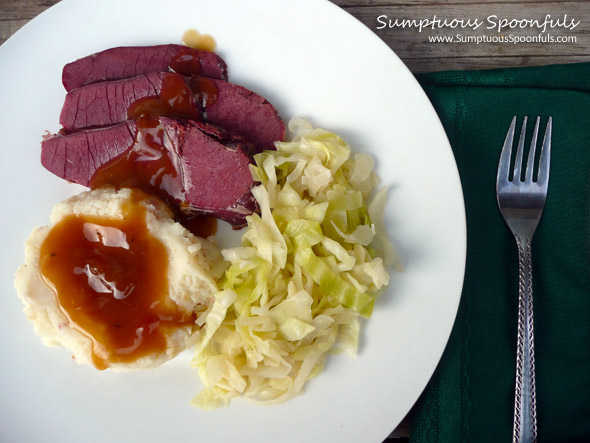 Irish Ale Corned Beef & Butter Braised Cabbage with Bacon Buttermilk Mashed Potatoes & Gravy ~ Sumptuous Spoonfuls #corned #beef #recipe