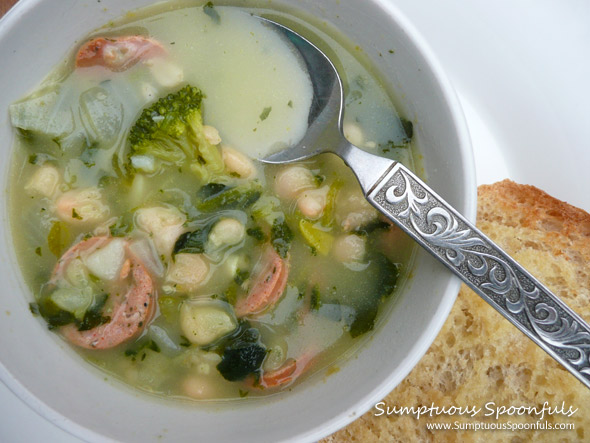Lucky Greens, Beans & Sausage Soup ~ Sumptuous Spoonfuls #soup #recipe