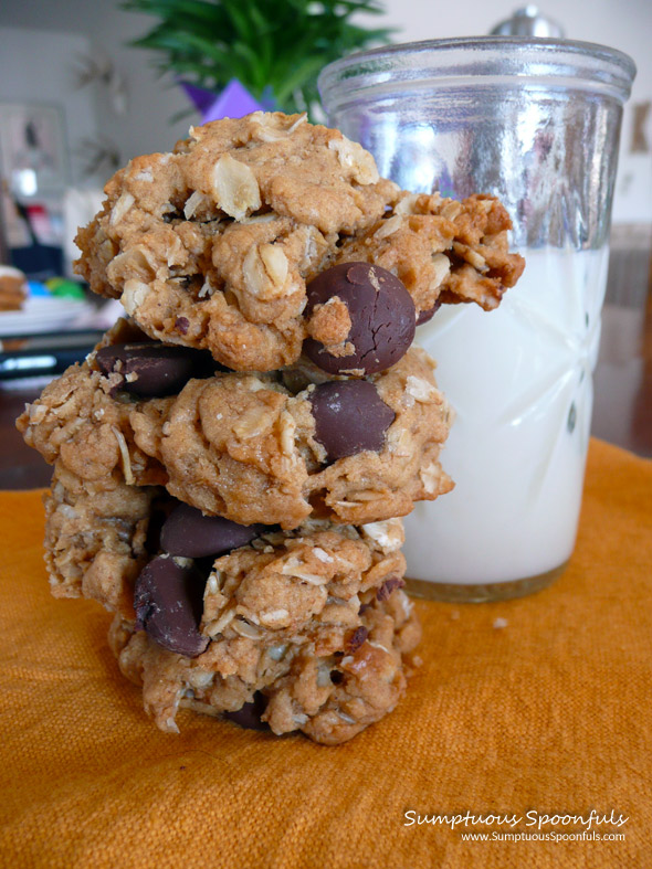Peanut Butter Oatmeal Chocolate Chip Cookies ~ Sumptuous Spoonfuls #healthy #cookie #recipe
