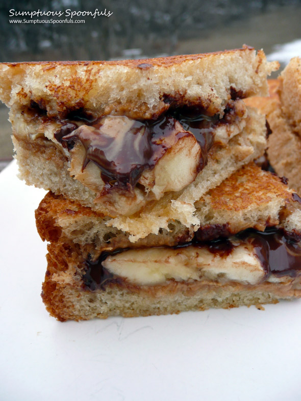 Toasted Peanut Butter Banana Dark Chocolate Panini ~ Sumptuous Spoonfuls #sandwich #recipe
