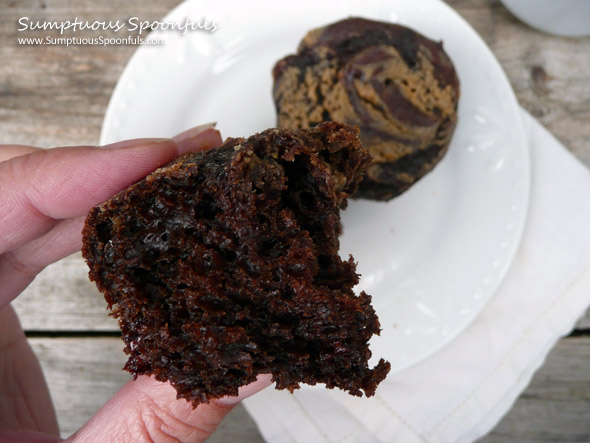 Double Dark Chocolate Peanut Butter Swirl Muffins ~ Sumptuous Spoonfuls #chocolate #muffin #recipe