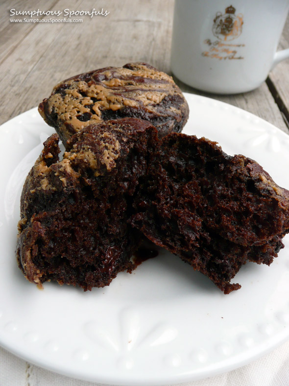 Double Dark Chocolate Peanut Butter Swirl Muffins ~ Sumptuous Spoonfuls #chocolate #muffin #recipe