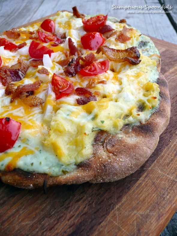 Grilled Bacon Ranch Mashed Potato Pizza ~ Sumptuous Spoonfuls #pizza #recipe