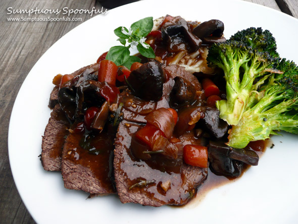 Lucky Bucket Pot Roast with Baby Bellas ~ Sumptuous Spoonfuls #pot roast #recipe