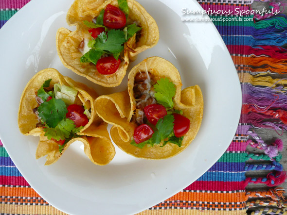 Crunchy Beef & Bean Taco Cups ~ Sumptuous Spoonfuls #Mexican food #recipe