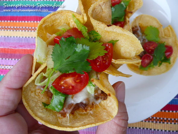 Crunchy Beef & Bean Taco Cups ~ Sumptuous Spoonfuls #Mexican food #recipe