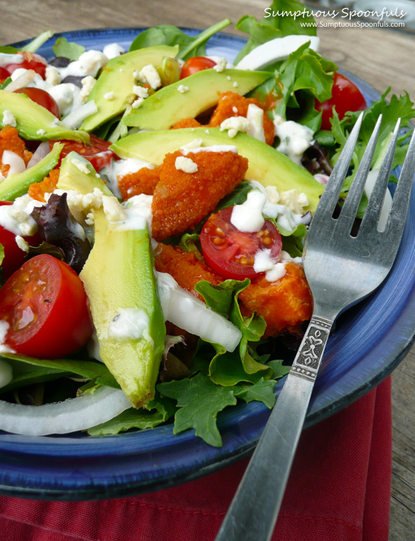 Kickin' Buffalo Chicken Salad with Blue Cheese Yogurt Dressing ~ Sumptuous Spoonfuls #salad #recipe