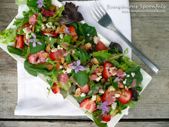 Strawberry Almond Salad with Wild Violets & Blue Cheese