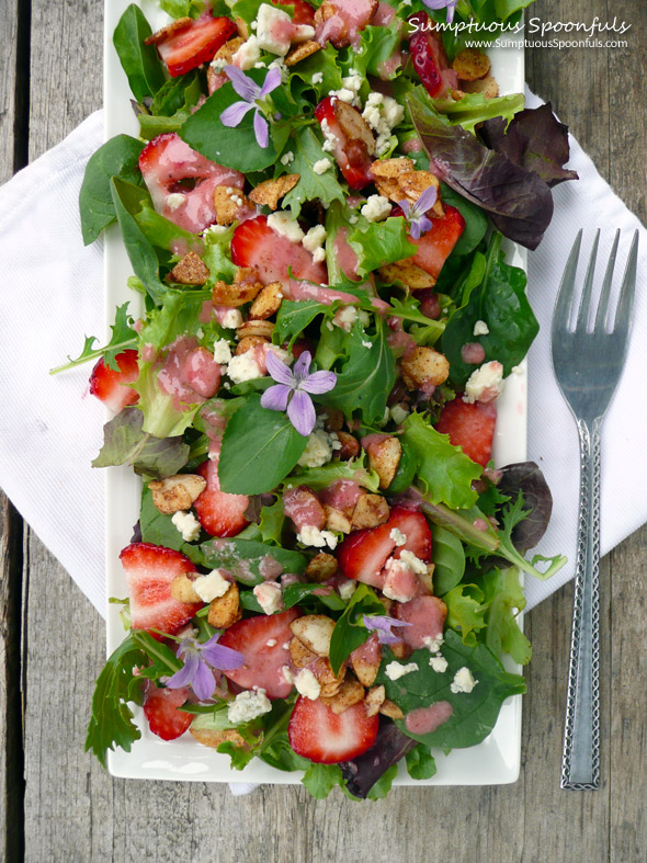 Strawberry Almond Wild Violet Salad ~ Sumptuous Spoonfuls #salad #recipe