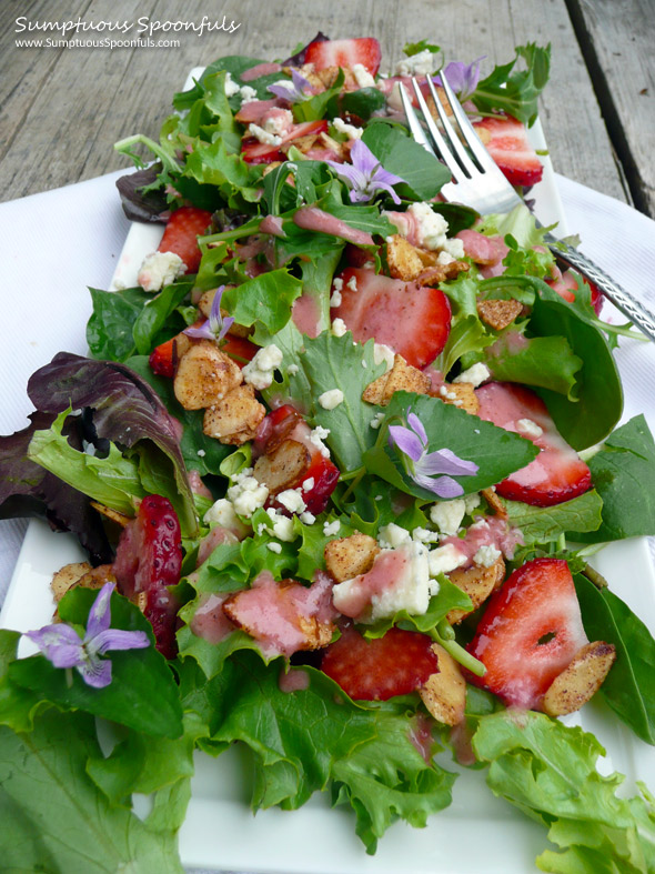 Strawberry Almond Wild Violet Salad ~ Sumptuous Spoonfuls #salad #recipe