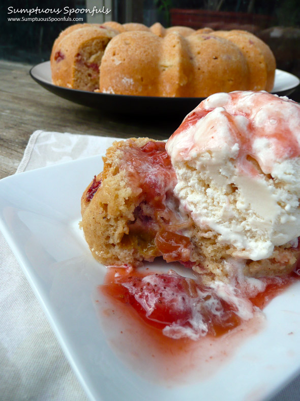 Strawberry Rhubarb Yogurt Cake with Strawberry Rhubarb Rum Sauce ~ Sumptuous Spoonfuls #cake #recipe