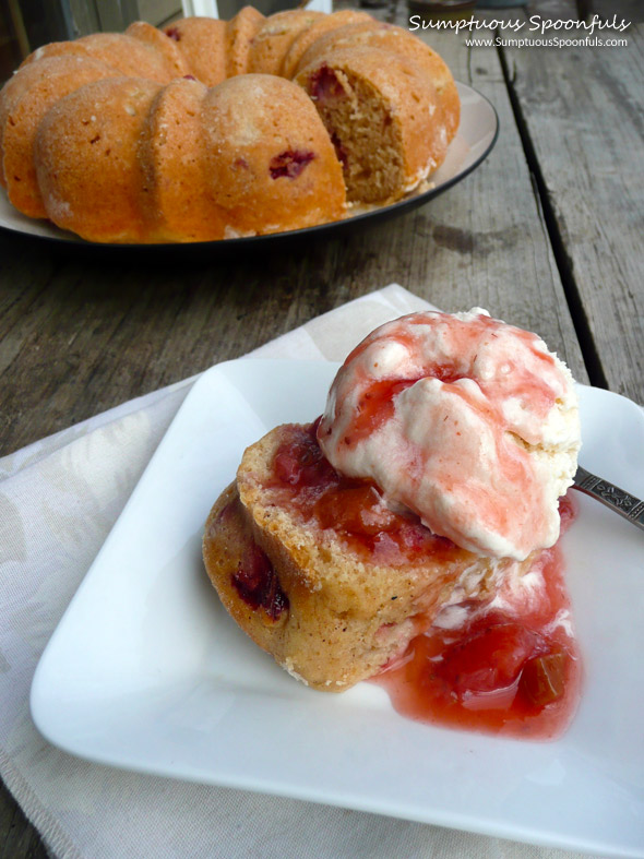 Strawberry Rhubarb Yogurt Cake with Strawberry Rhubarb Rum Sauce ~ Sumptuous Spoonfuls #cake #recipe