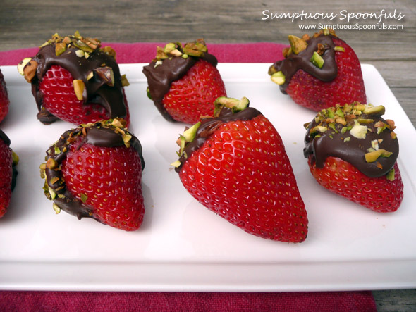 Chocolate Mascarpone Truffle Stuffed Strawberries with Pistachios ~ Sumptuous Spoonfuls #chocolate #strawberry #recipe