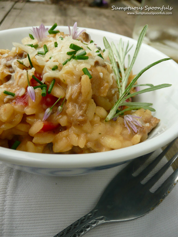 Curry Saffron Wild Mushroom Risotto ~ Sumptuous Spoonfuls #risotto #recipe