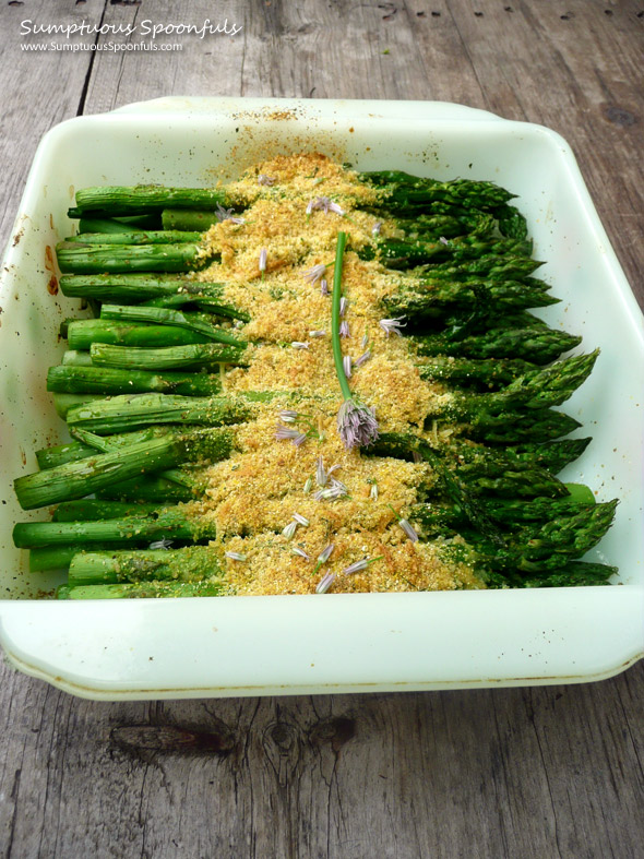 Roasted Asparagus with Asiago Chive Breadcrumbs ~ Sumptuous Spoonfuls #asparagus #recipe