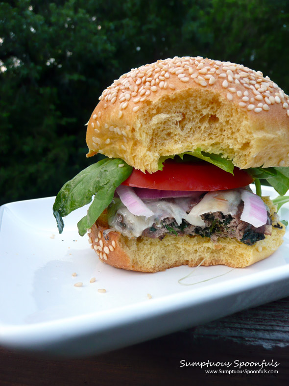 Blue Cheese & Spinach Venison Burgers ~ Sumptuous Spoonfuls #burger #recipe