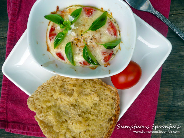 Caprese Baked Eggs with Toast ~ Sumptuous Spoonfuls #breakfast #recipe