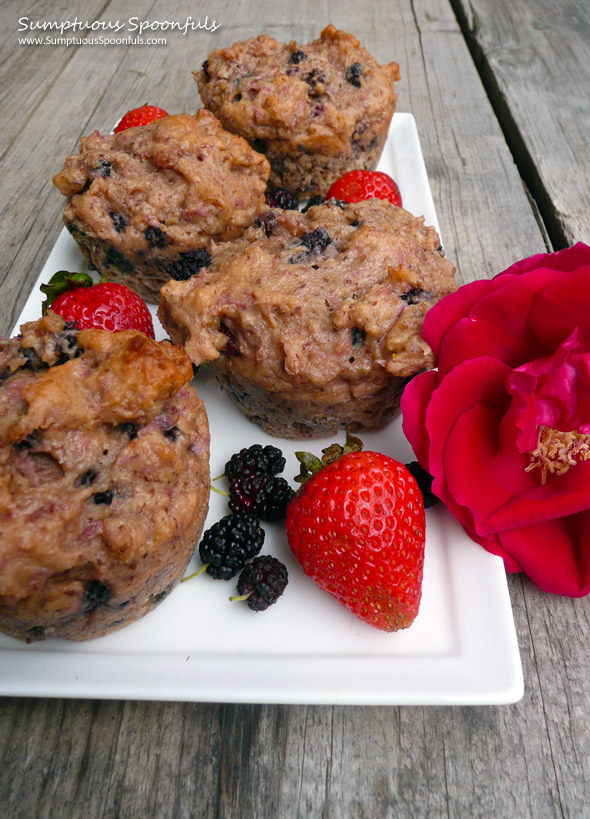 Double Berry Rose Muffins ~ Sumptuous Spoonfuls #healthy #muffin #recipe