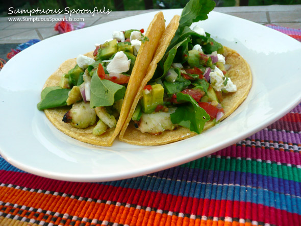 Pesto Grilled Fish Tacos with Avocado Pico de Gallo ~ Sumptuous Spoonfuls #fish #taco #recipe